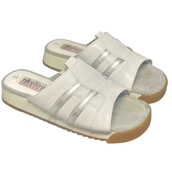 Vtg Y2K Carolina Colours Sz 9 Platform Slides Chunky Sandals White Silver Stripe - Picture 1 of 8